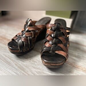 BED|STU Black and Brown Woven ‘Gina’ wedges, rustic brown/black size 8